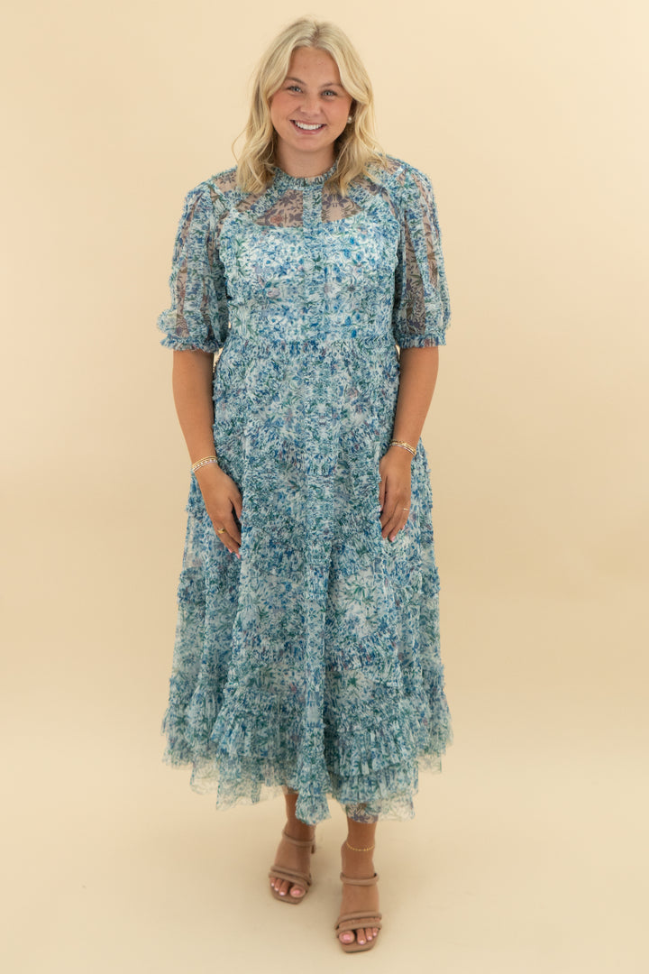 mac duggal blue floral midi dress (10; retail $598)