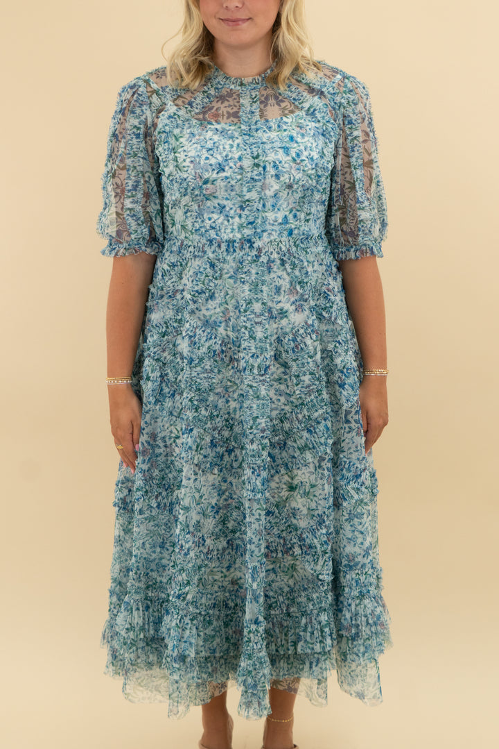 mac duggal blue floral midi dress (10; retail $598)