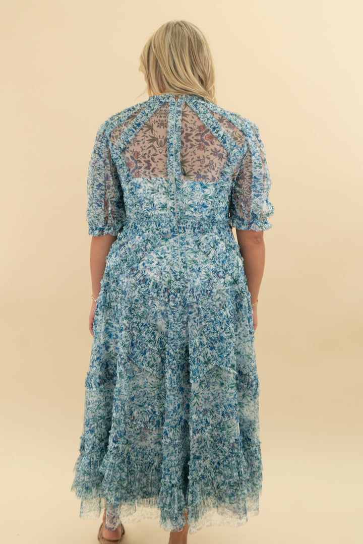 mac duggal blue floral midi dress (10; retail $598)