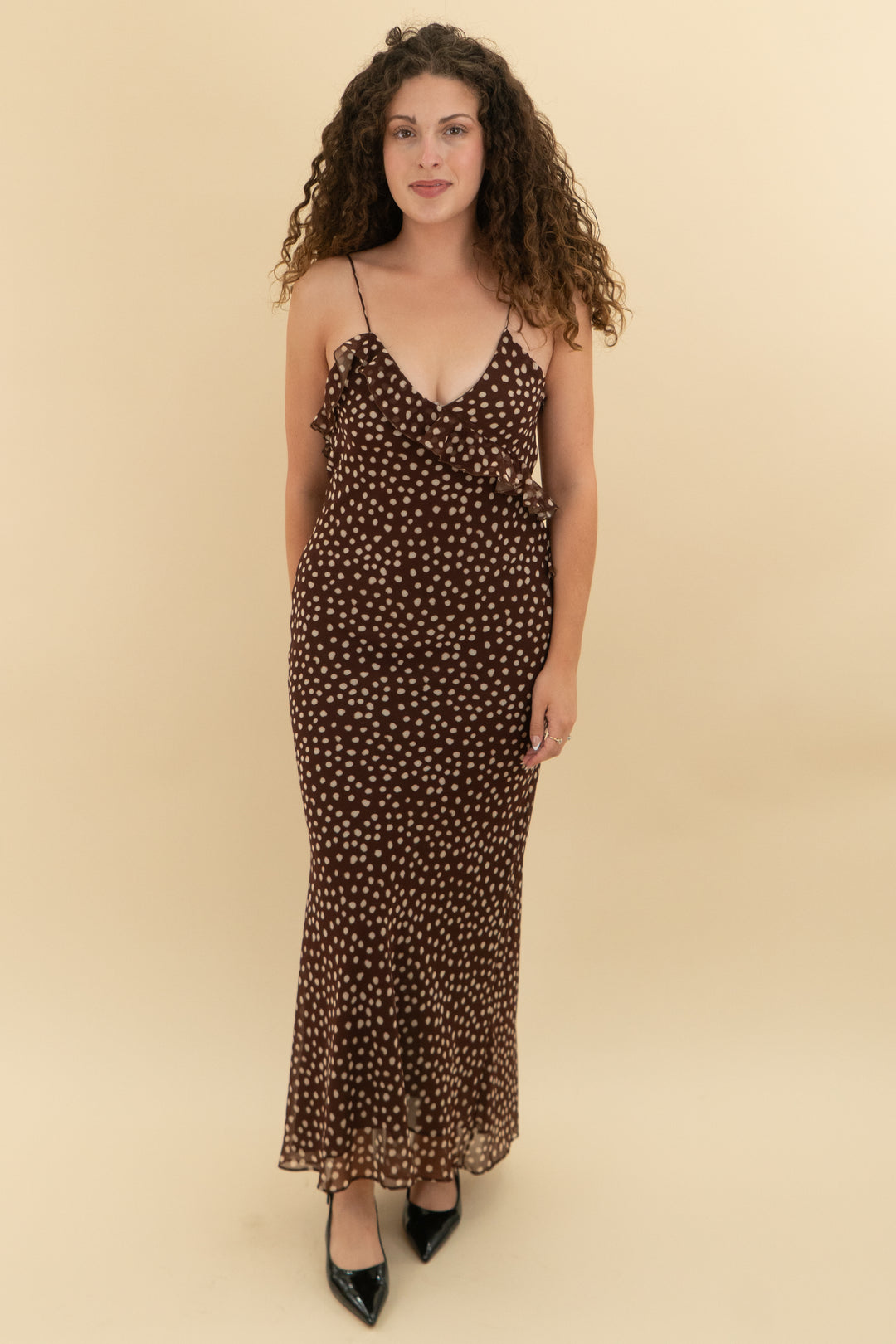 zara brown polka dot maxi dress (s)