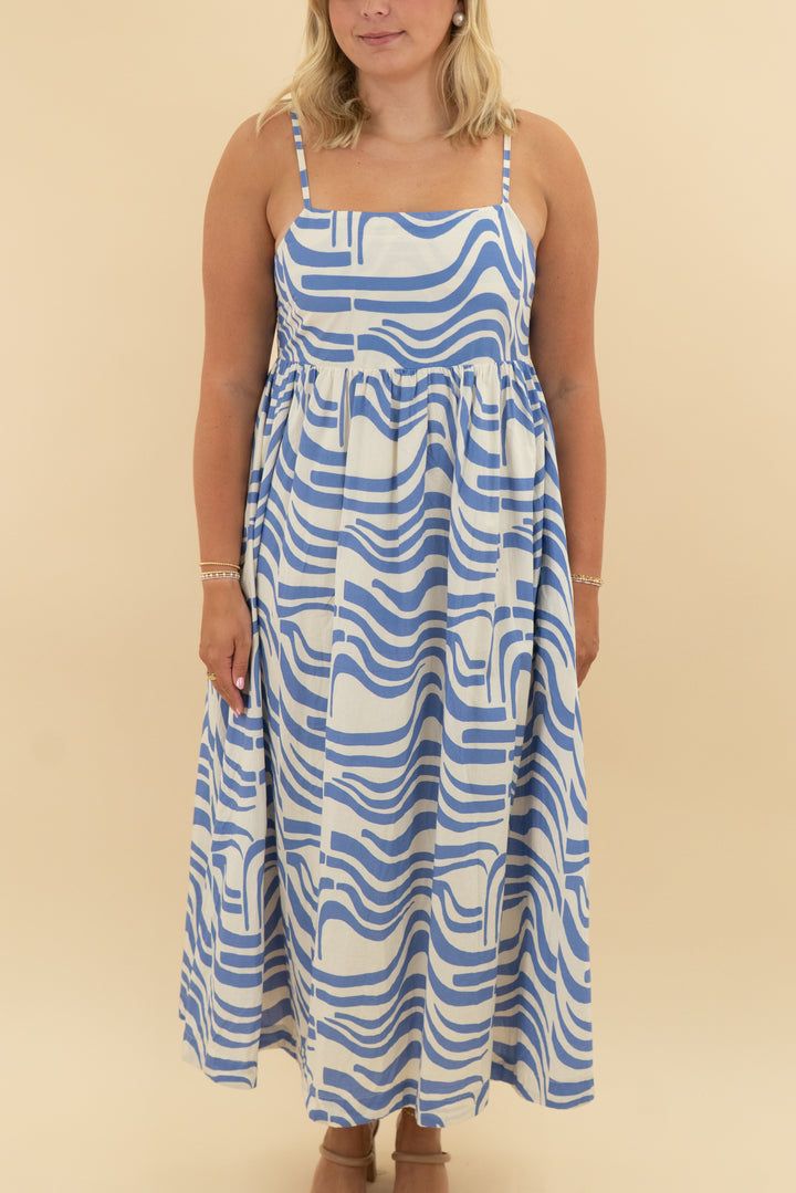 hermoza white and blue maxi dress nwt (l; retail $258)