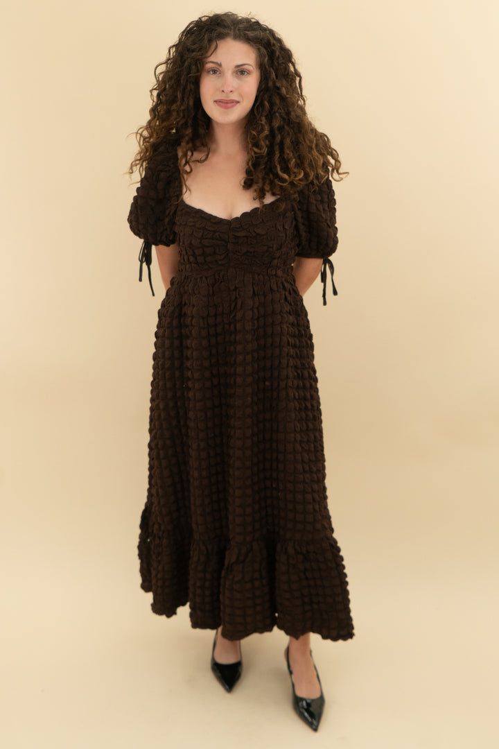 endless rose brown bubble puff maxi dress (s)