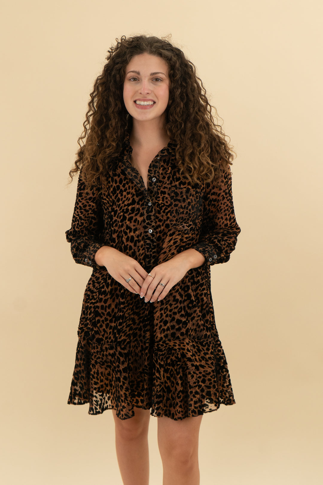 tuckerneck long sleeve leopard mini dress (s)