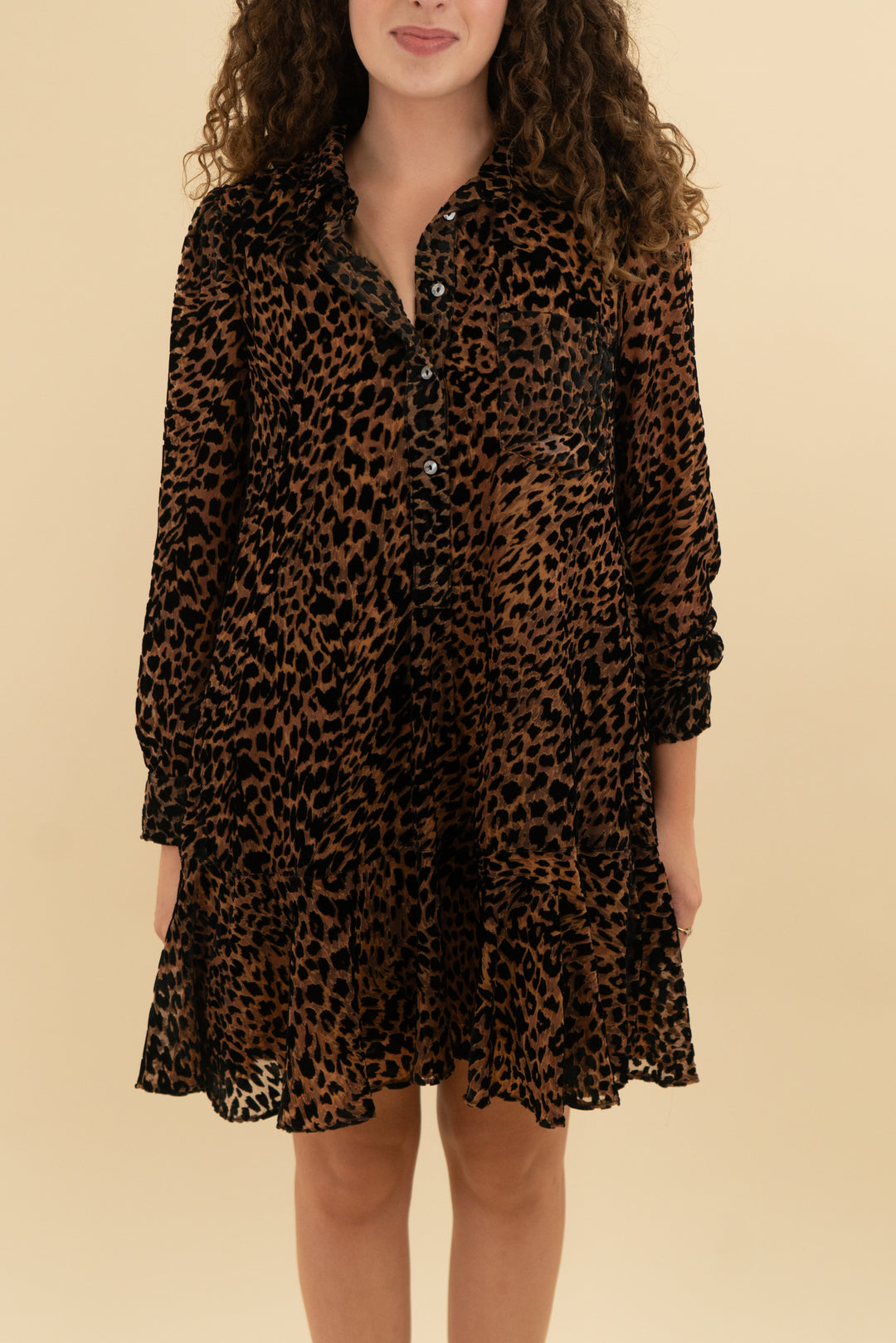 tuckerneck long sleeve leopard mini dress (s)