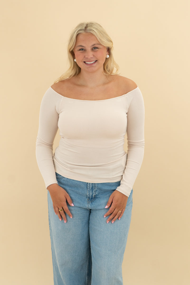 klassy network cream off the shoulder ribbed top nwt (l)