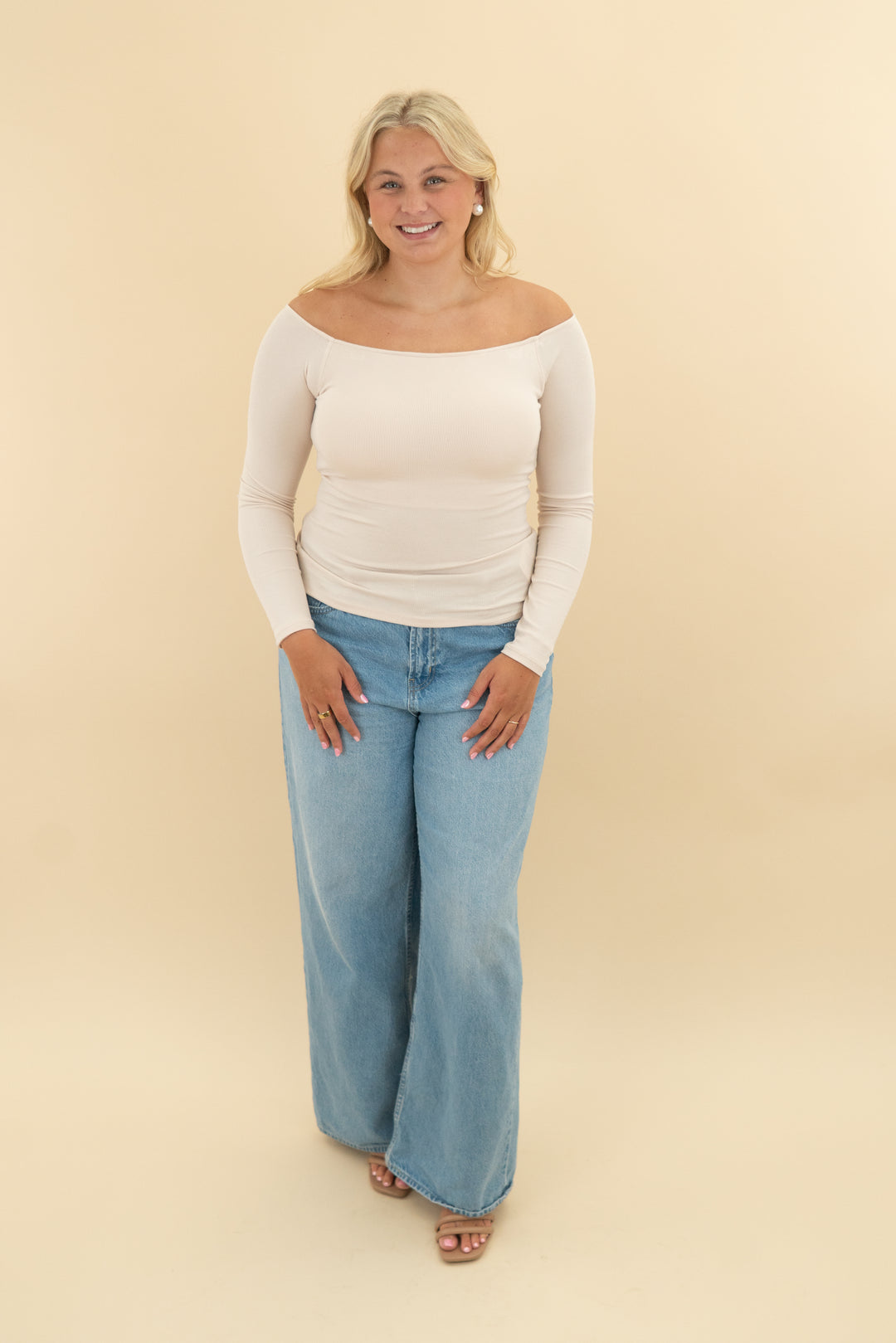 klassy network cream off the shoulder ribbed top nwt (l)