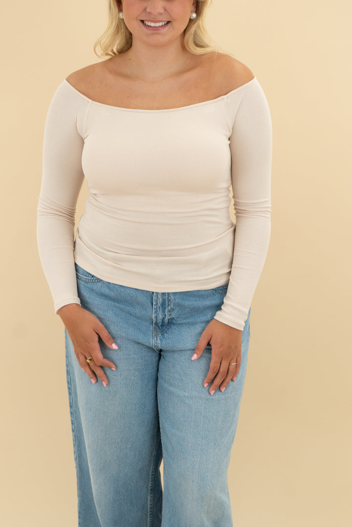 klassy network cream off the shoulder ribbed top nwt (l)