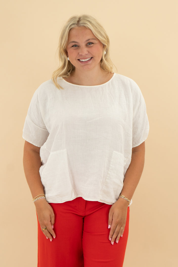eileen fisher white linen short sleeve top (l)
