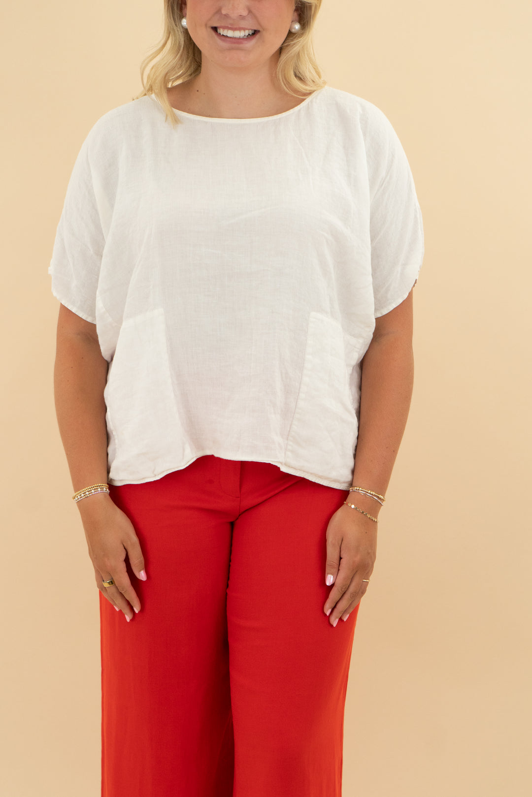 eileen fisher white linen short sleeve top (l)