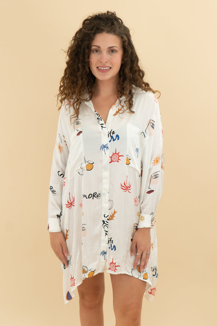 corey lynn calter white patterned button up silk dress (s)