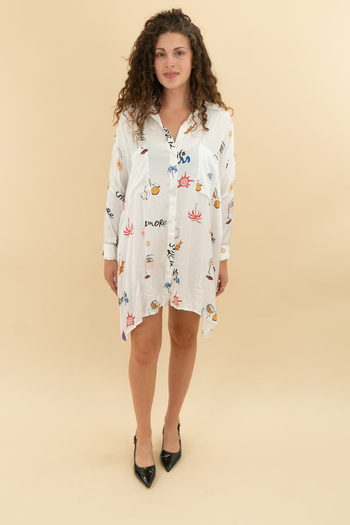 corey lynn calter white patterned button up silk dress (s)