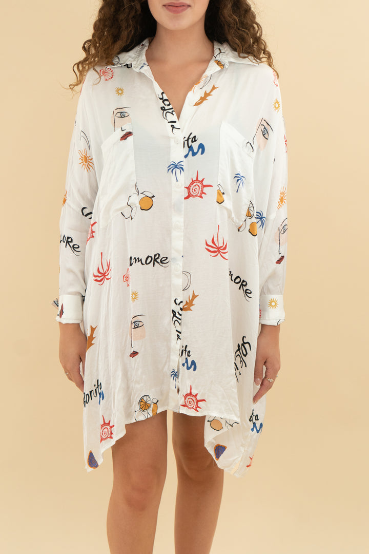 corey lynn calter white patterned button up silk dress (s)