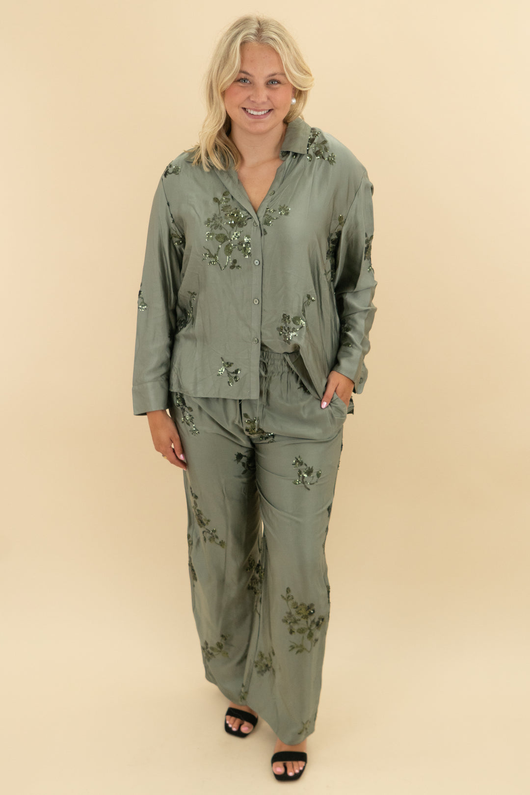 zara green sequin long sleeve and pant set (xl)