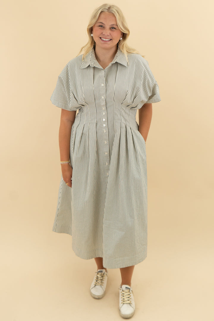 exquise navy stripe button midi dress (xl; retail $198)