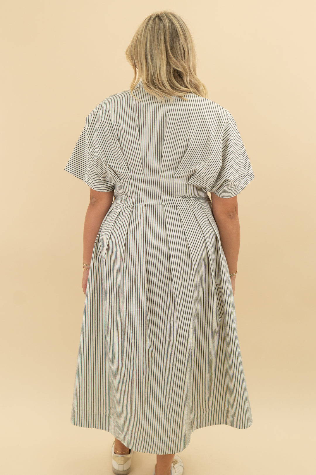 exquise navy stripe button midi dress (xl; retail $198)