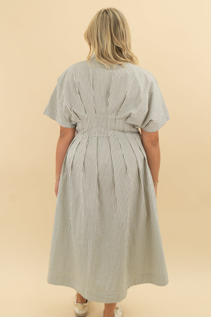 exquise navy stripe button midi dress (xl; retail $198)