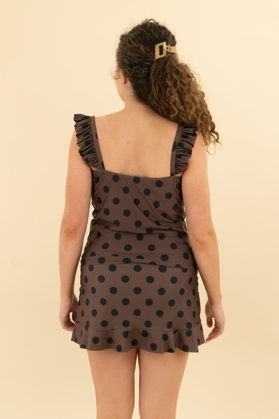 albion brown/black polka dot swim tankini and skirt (m/l; retail $156)