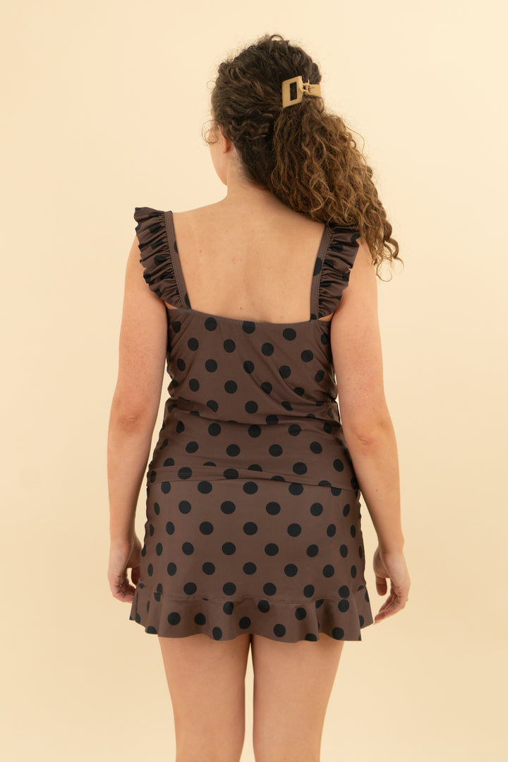 albion brown/black polka dot swim tankini and skirt (m/l; retail $156)