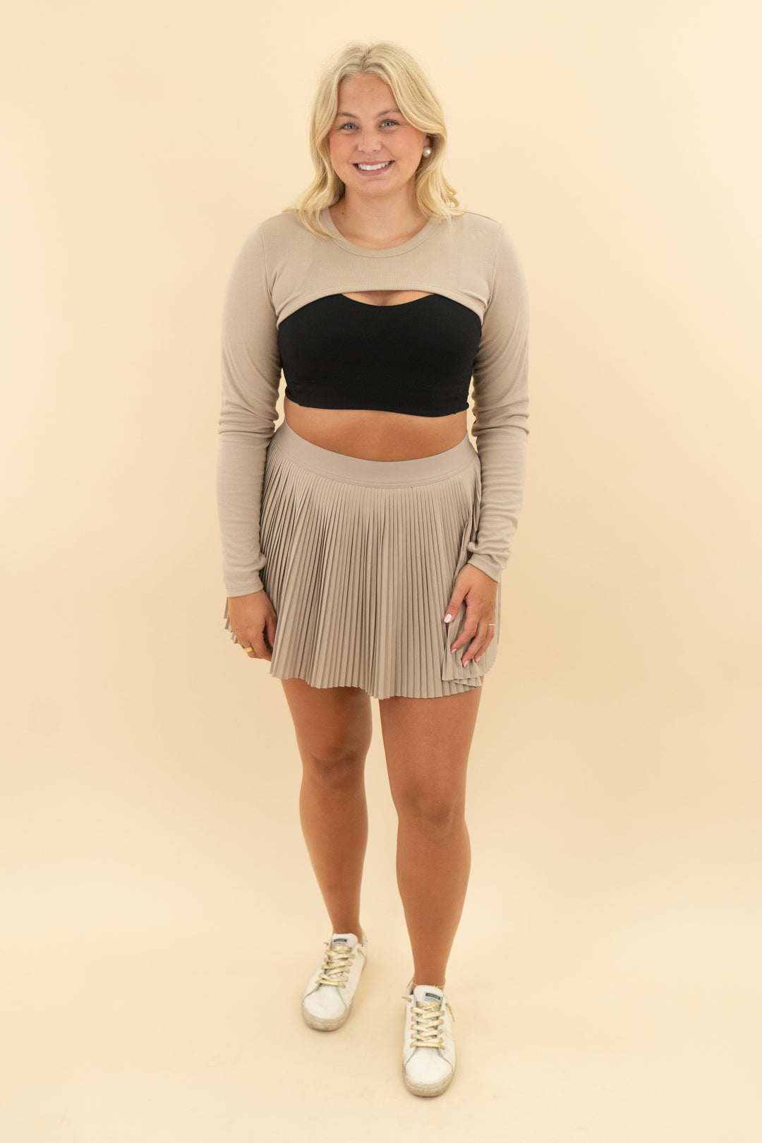 old navy tan long sleeve and pleat skort set (l)