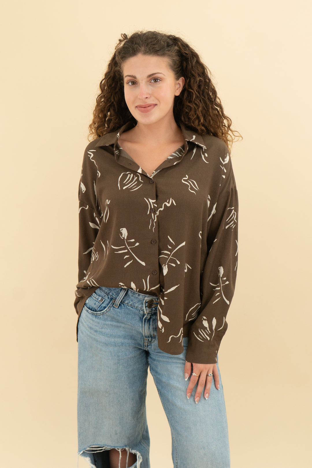 en saison brown patterned long sleeve button up (s)