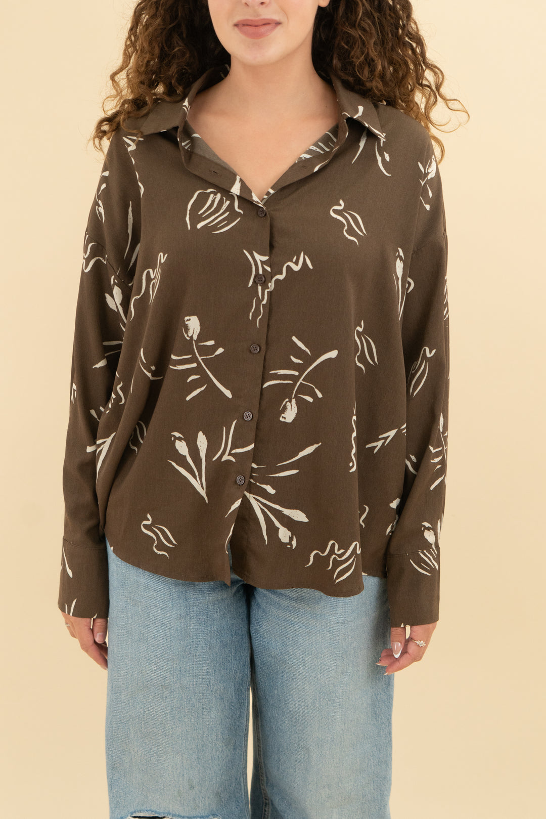 en saison brown patterned long sleeve button up (s)