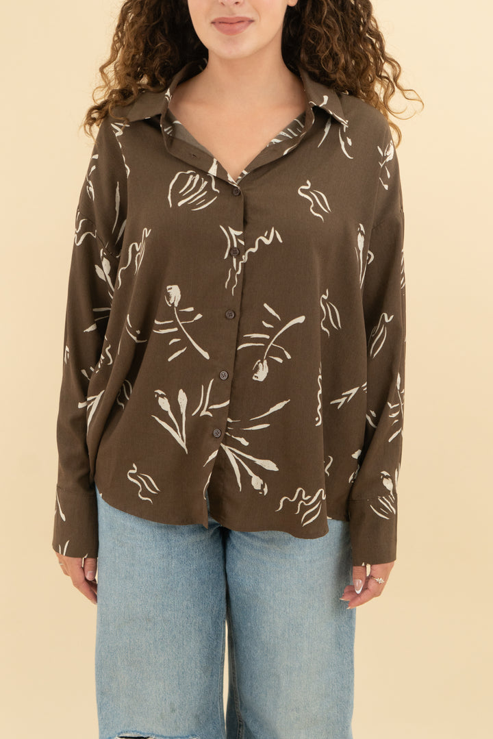 en saison brown patterned long sleeve button up (s)