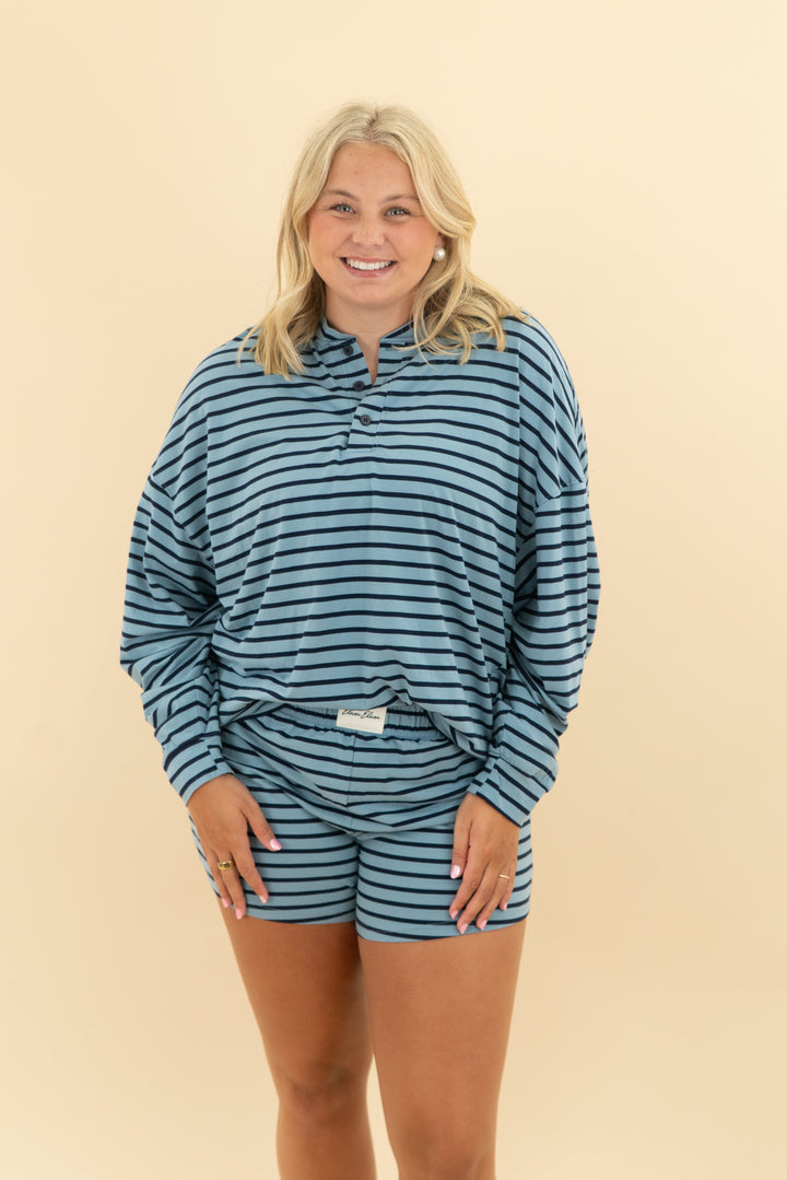 eleven eleven blue navy stripe longsleeve & short set (l/xl)