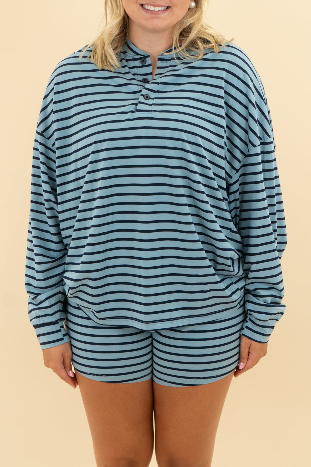 eleven eleven blue navy stripe longsleeve & short set (l/xl)