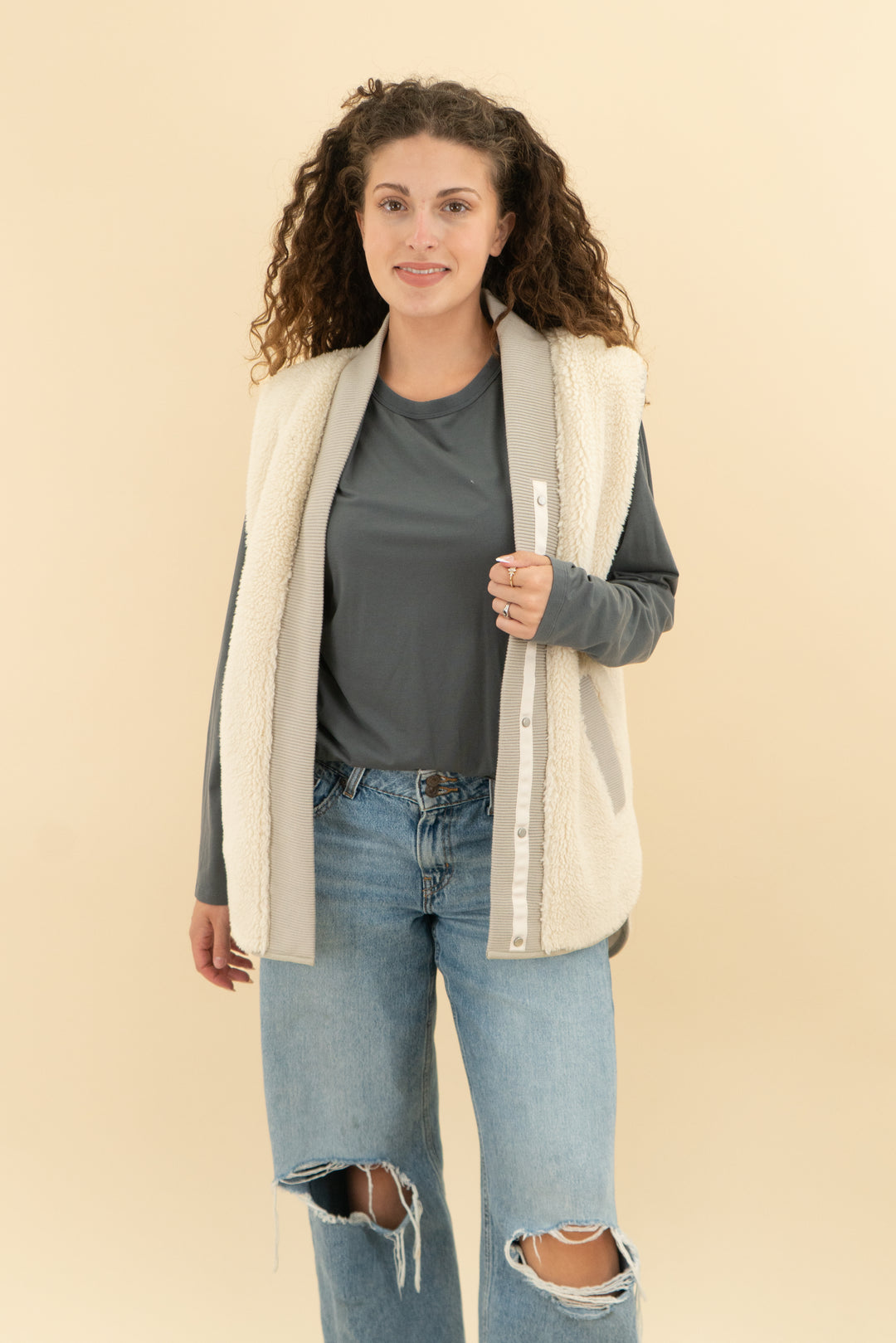 taupe and fur reversible vest (os)
