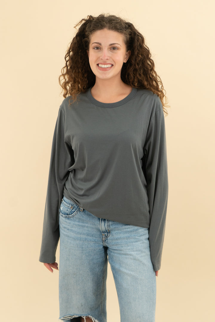 heather grey long sleeve athletic top
