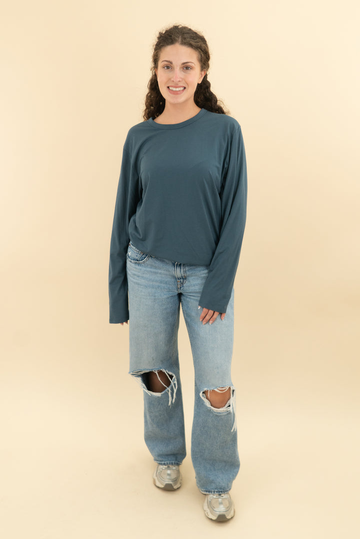 Peacock blue long sleeve athletic top