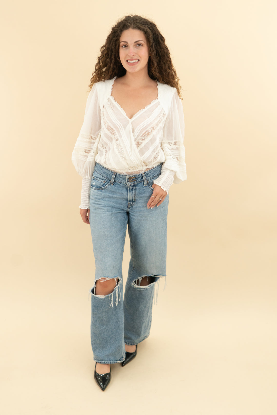 fp intimately white lace long sleeve bodysuit nwt (s; retail $118)