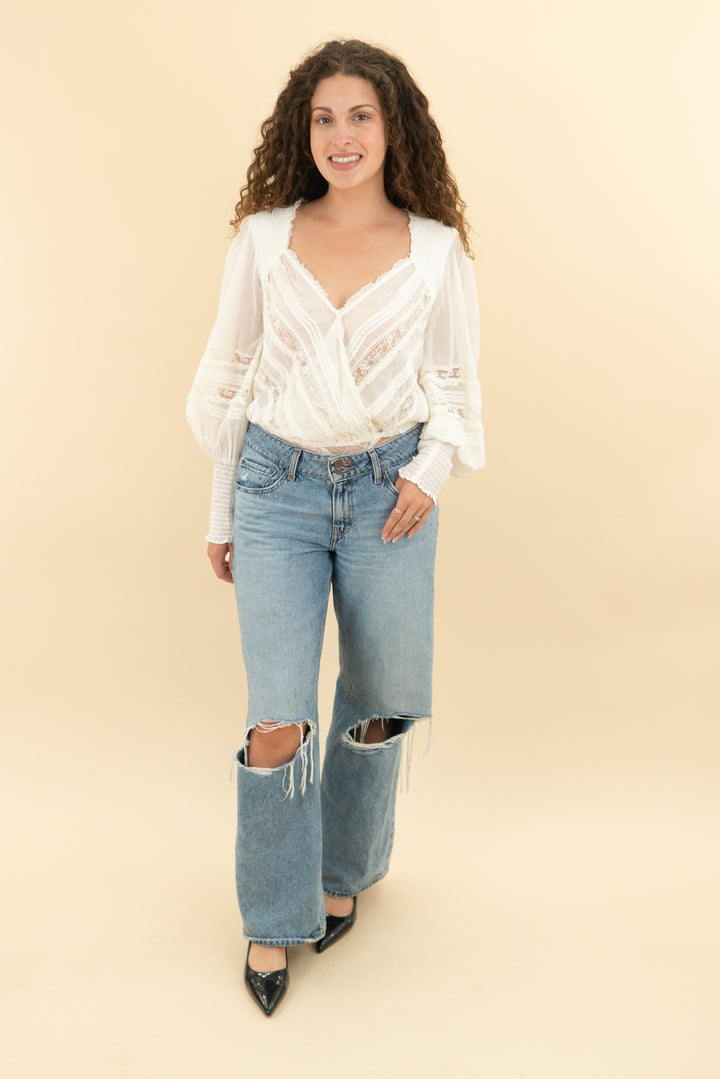 fp intimately white lace long sleeve bodysuit nwt (s; retail $118)