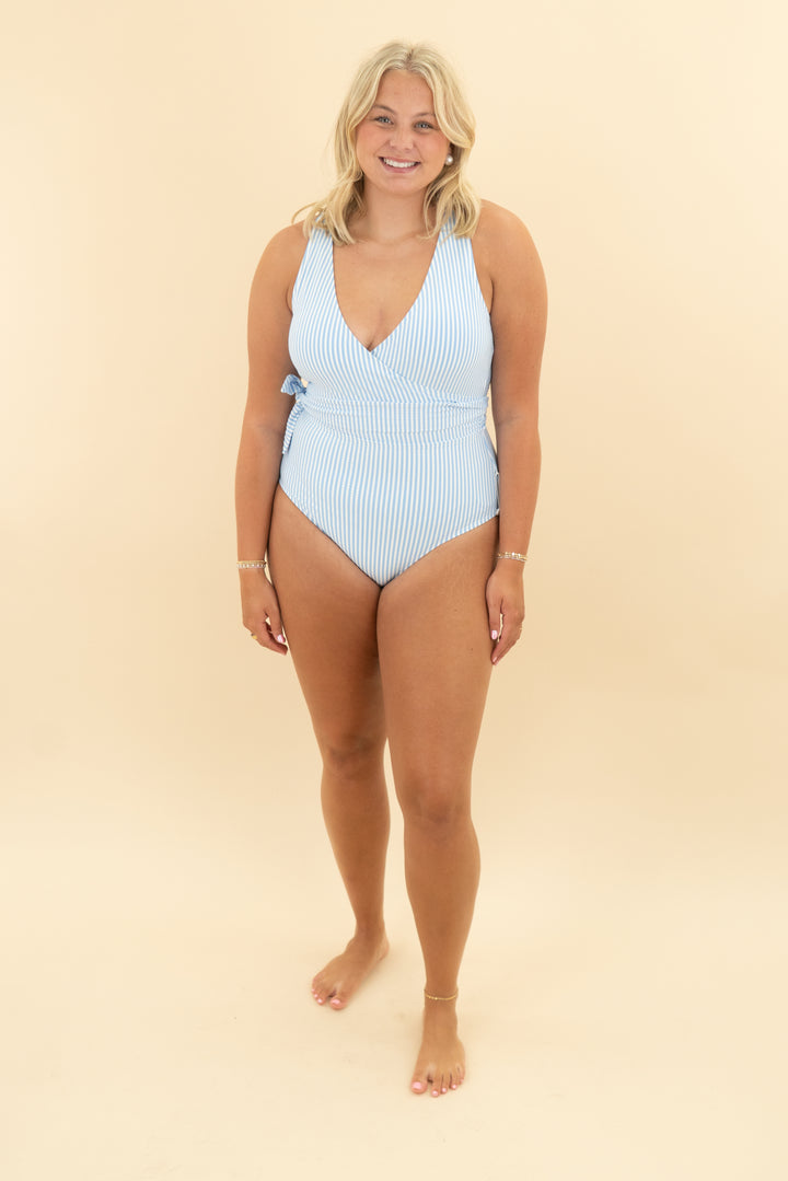 caden lane blue seersucker onepiece swim suit nwt (l)