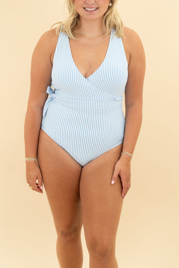 caden lane blue seersucker onepiece swim suit nwt (l)