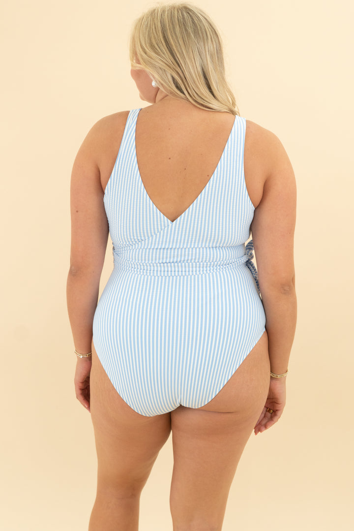 caden lane blue seersucker onepiece swim suit nwt (l)
