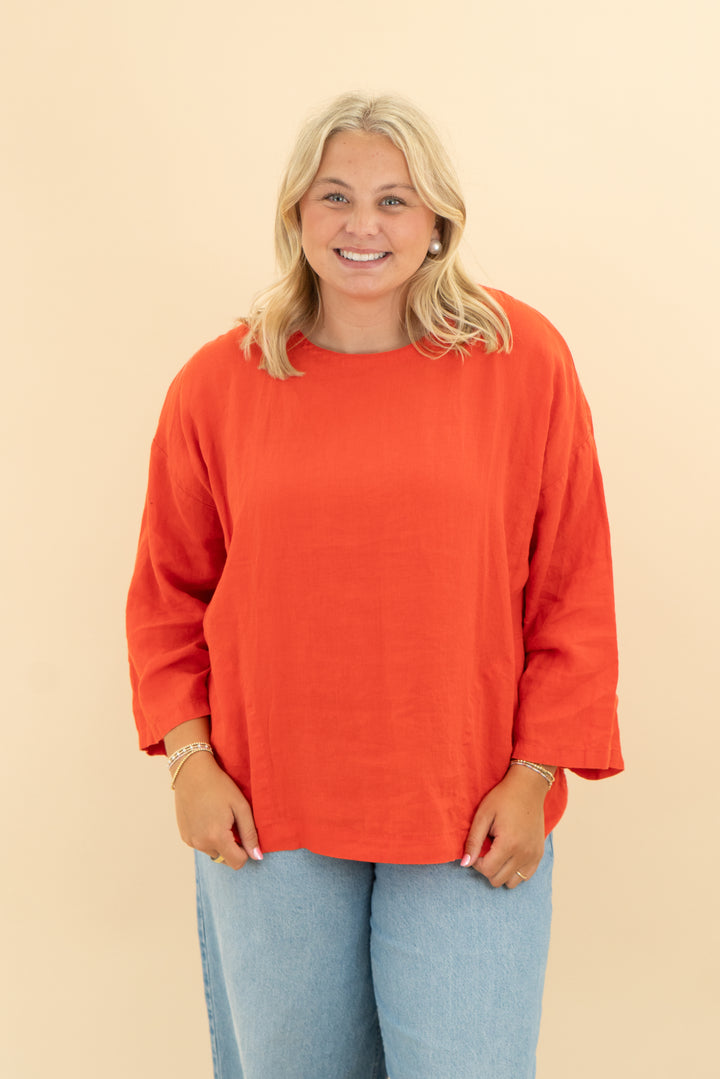 eileen fisher orange linen top (l)