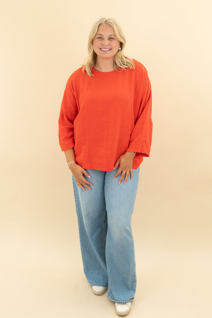 eileen fisher orange linen top (l)