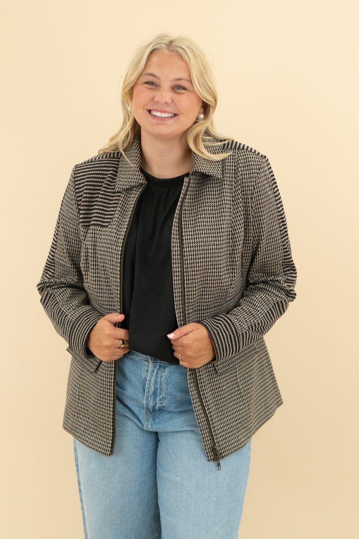 cabi brown houndstooth zip jacket (l)