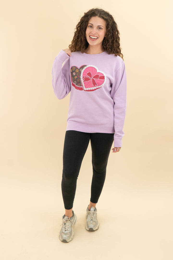 Living Fully Co. purple chocolate heart sweatshirt (s; retail $62)