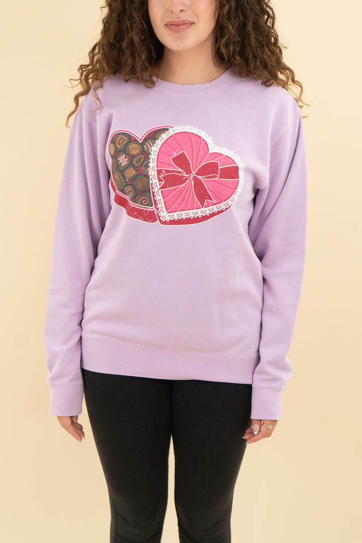 Living Fully Co. purple chocolate heart sweatshirt (s; retail $62)