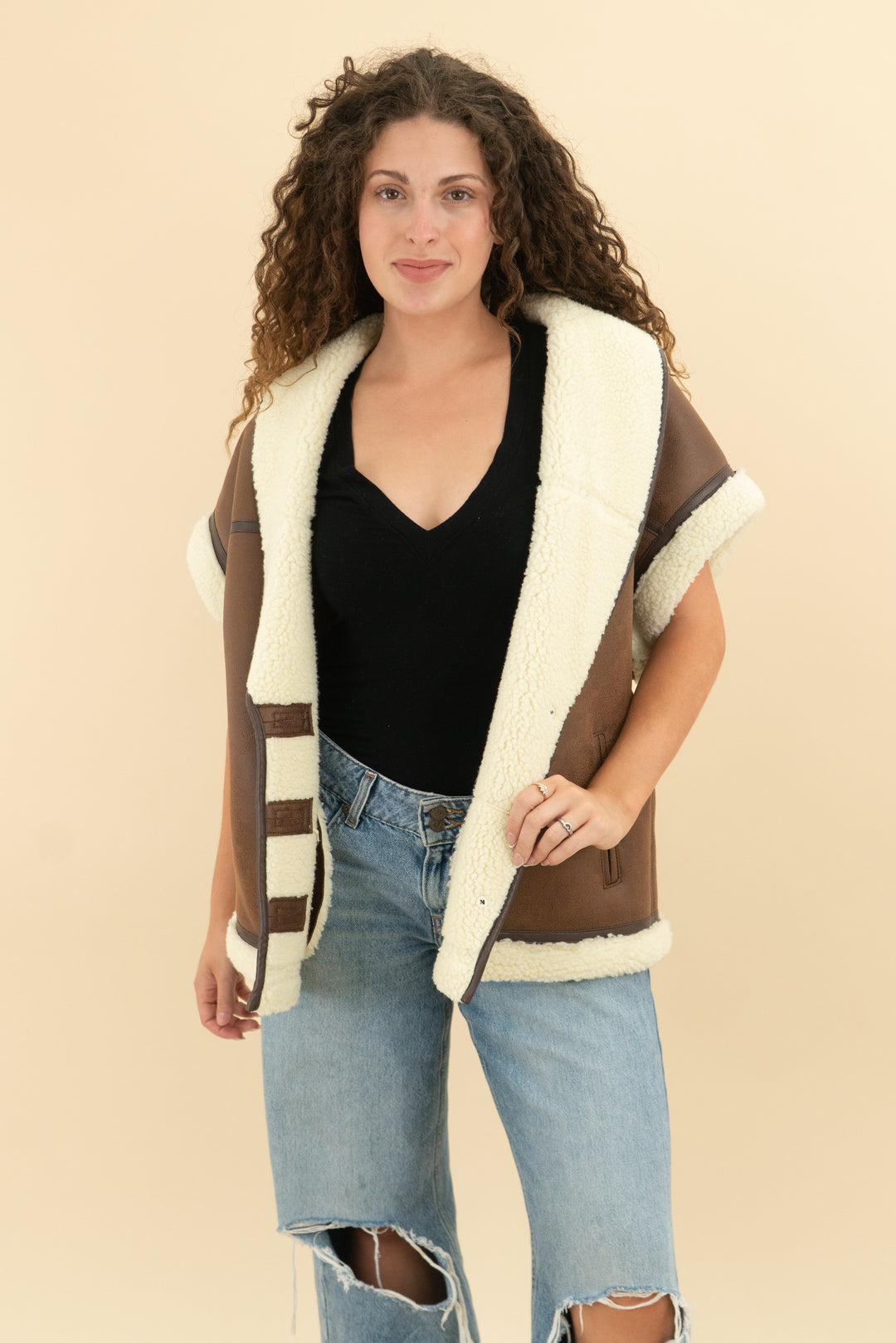 l'academie brown leather and wool vest nwt (s)