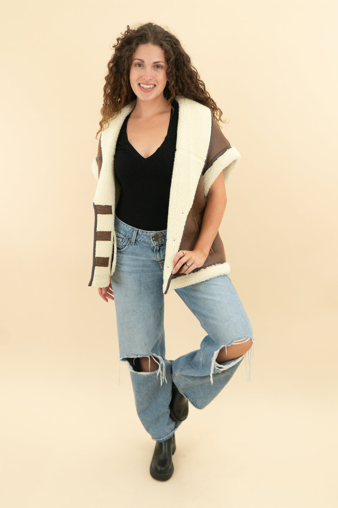 l'academie brown leather and wool vest nwt (s)