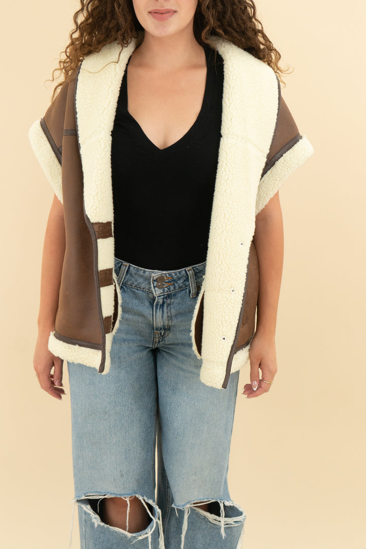 l'academie brown leather and wool vest nwt (s)