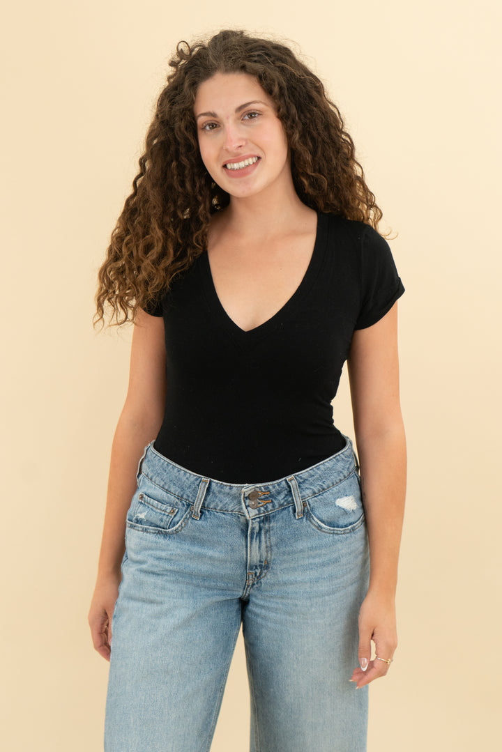 free people black v neck bodysuit (s; retail $78)