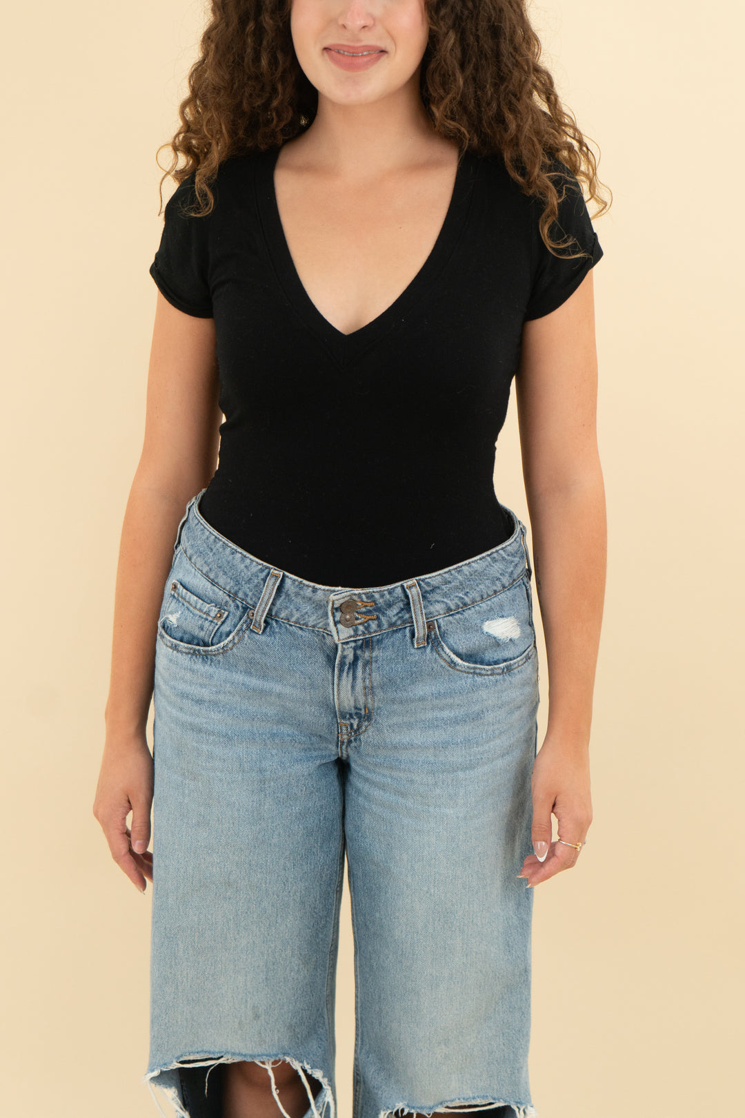 free people black v neck bodysuit (s; retail $78)