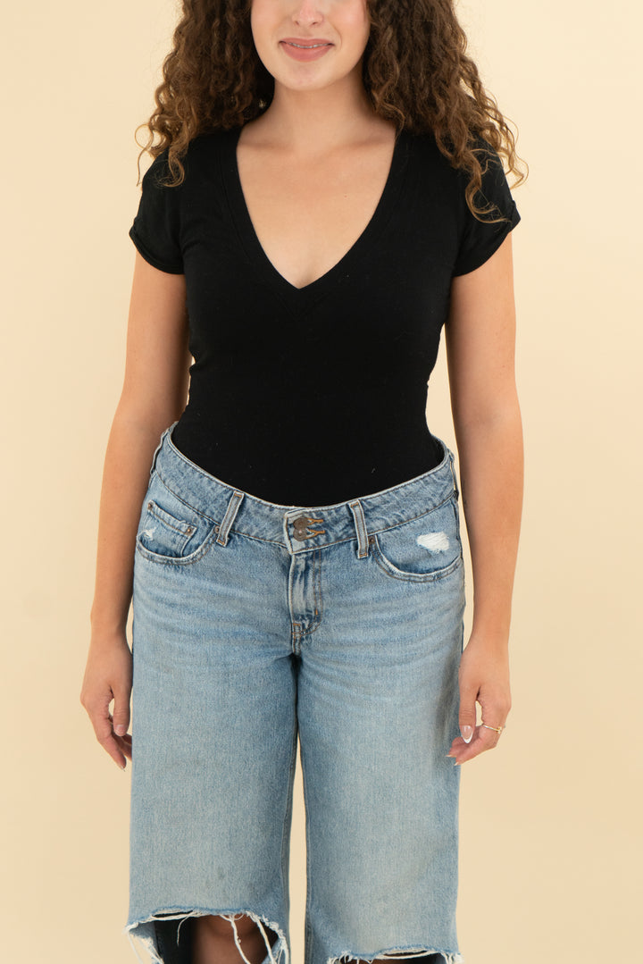 free people black v neck bodysuit (s; retail $78)