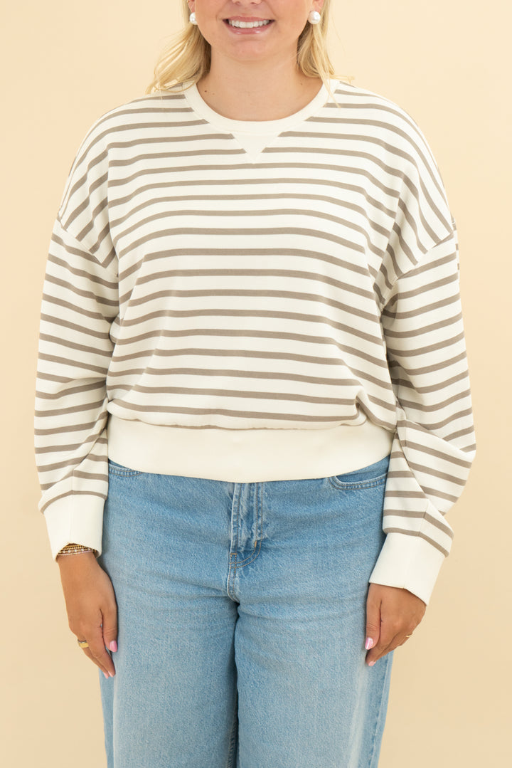 spanx air essentials tan striped long sleeve (l)