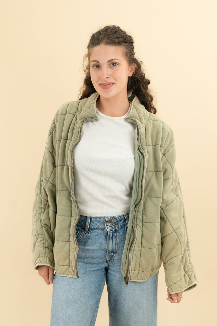 free people green quilted coat (m; retail $298)