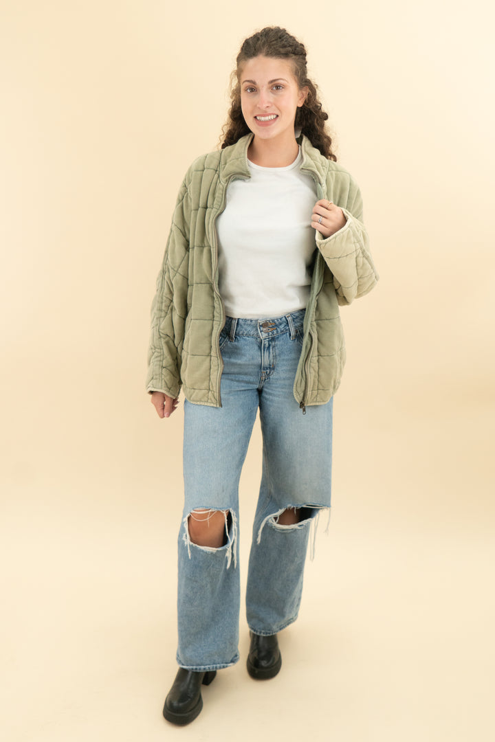 free people green quilted coat (m; retail $298)